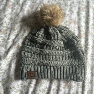 C.C Women's Ribbed Knit Beanie with Pom - Gray